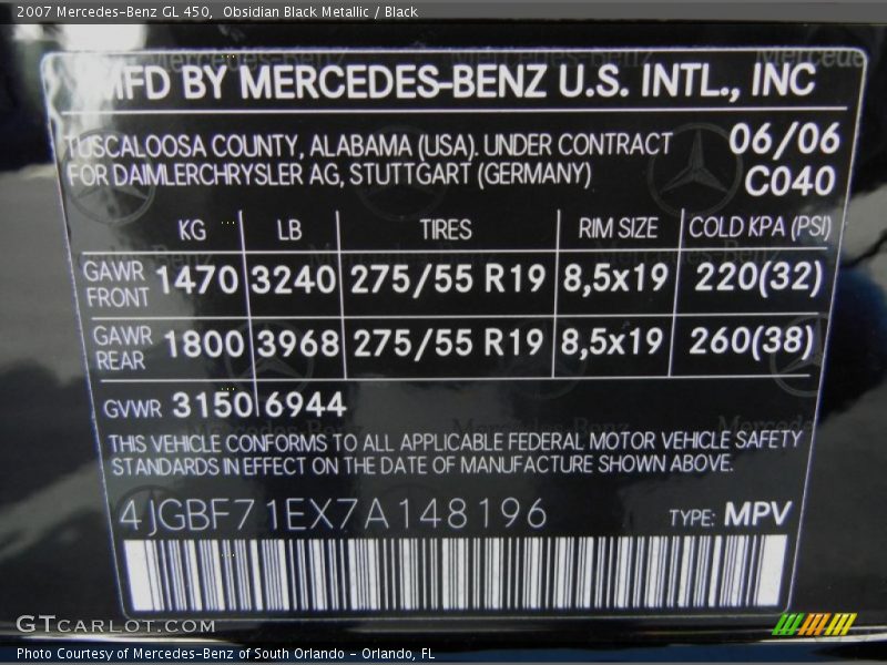 Obsidian Black Metallic / Black 2007 Mercedes-Benz GL 450