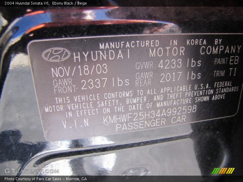 2004 Sonata V6 Ebony Black Color Code EB