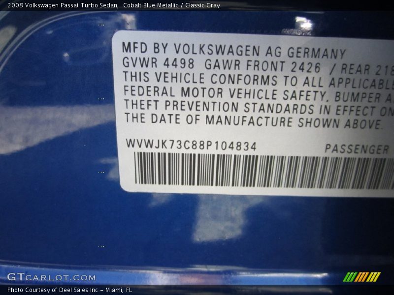 Cobalt Blue Metallic / Classic Gray 2008 Volkswagen Passat Turbo Sedan