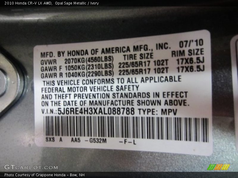 Opal Sage Metallic / Ivory 2010 Honda CR-V LX AWD