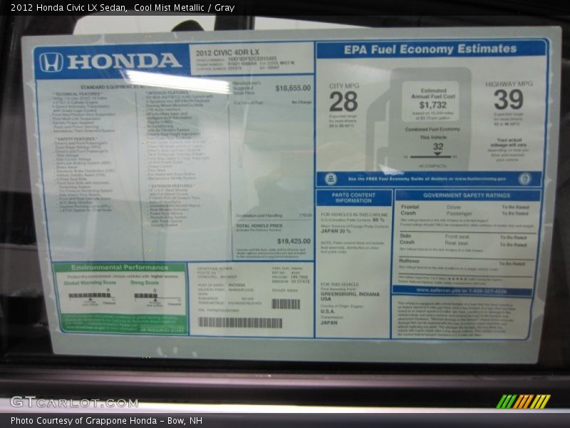  2012 Civic LX Sedan Window Sticker