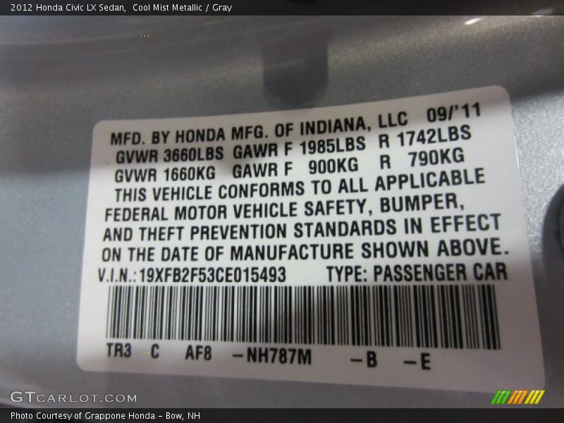 2012 Civic LX Sedan Cool Mist Metallic Color Code NH787M