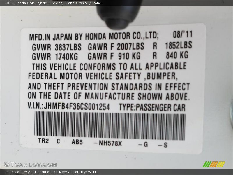 2012 Civic Hybrid-L Sedan Taffeta White Color Code NH578X