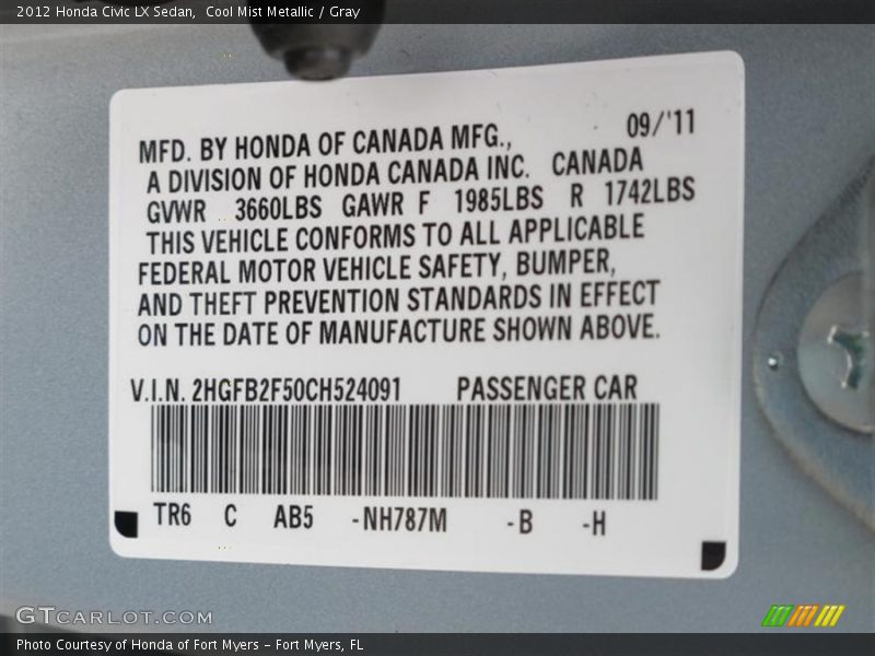 Cool Mist Metallic / Gray 2012 Honda Civic LX Sedan