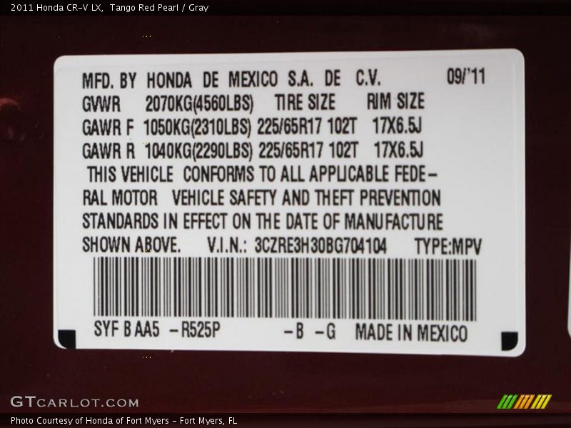 2011 CR-V LX Tango Red Pearl Color Code R525P