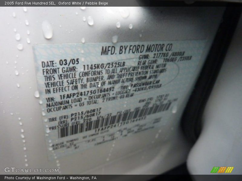 Oxford White / Pebble Beige 2005 Ford Five Hundred SEL