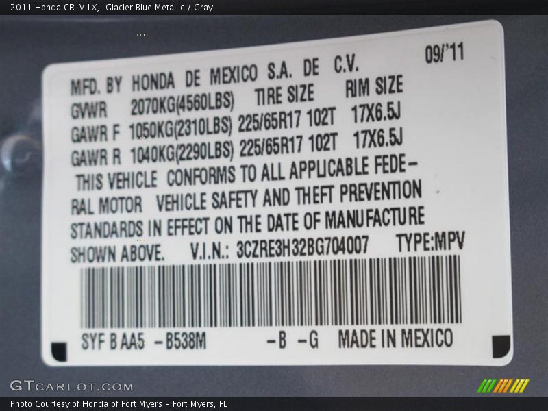 Glacier Blue Metallic / Gray 2011 Honda CR-V LX