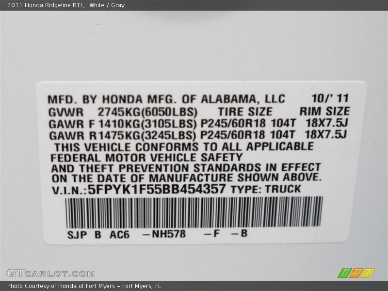 2011 Ridgeline RTL White Color Code NH578