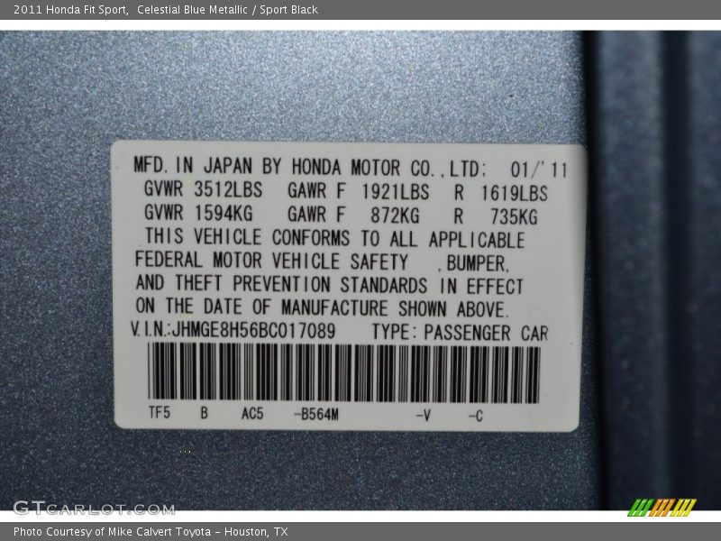 2011 Fit Sport Celestial Blue Metallic Color Code B564M