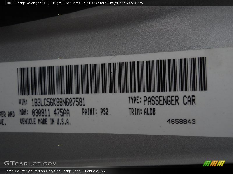 Bright Silver Metallic / Dark Slate Gray/Light Slate Gray 2008 Dodge Avenger SXT