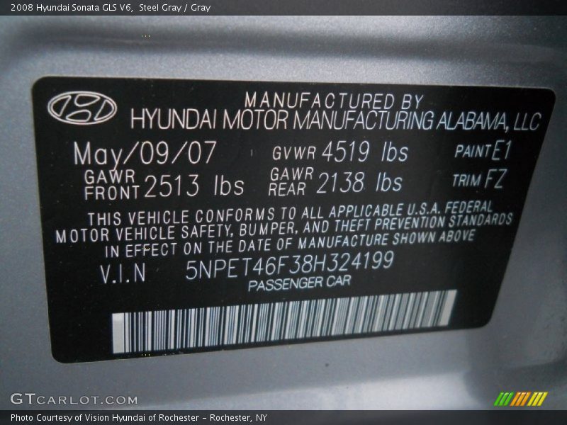 Steel Gray / Gray 2008 Hyundai Sonata GLS V6