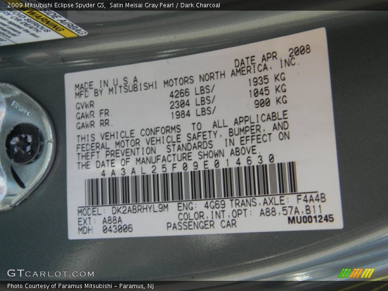 Satin Meisai Gray Pearl / Dark Charcoal 2009 Mitsubishi Eclipse Spyder GS