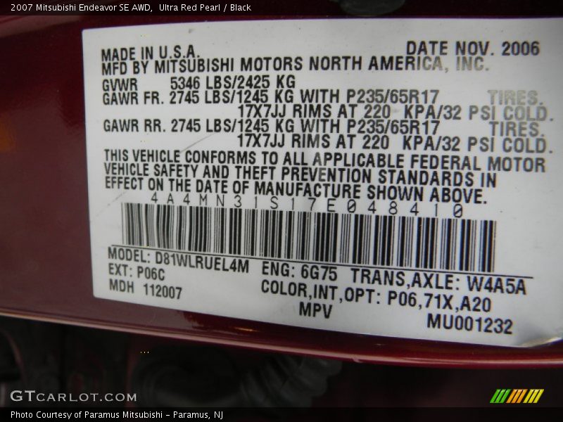 Ultra Red Pearl / Black 2007 Mitsubishi Endeavor SE AWD