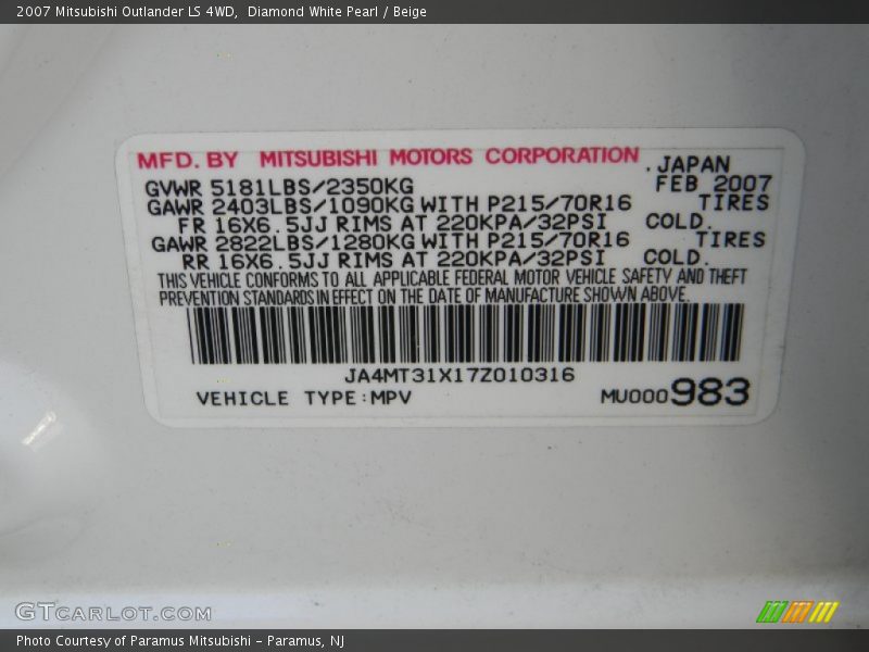 Diamond White Pearl / Beige 2007 Mitsubishi Outlander LS 4WD