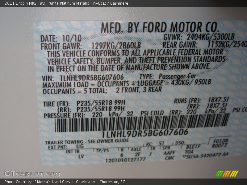 2011 MKS FWD White Platinum Metallic Tri-Coat Color Code UG