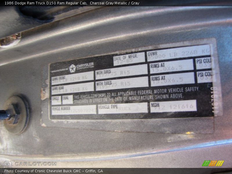 Info Tag of 1986 Ram Truck D150 Ram Regular Cab