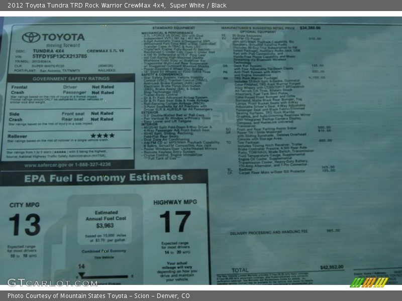  2012 Tundra TRD Rock Warrior CrewMax 4x4 Window Sticker