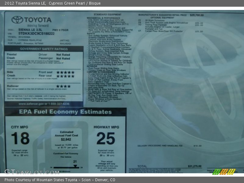 Cypress Green Pearl / Bisque 2012 Toyota Sienna LE