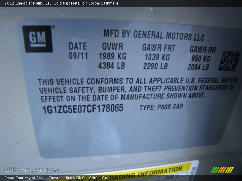 Gold Mist Metallic / Cocoa/Cashmere 2012 Chevrolet Malibu LT
