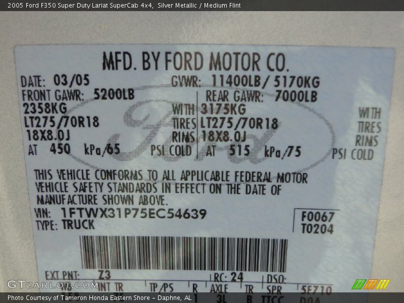 2005 F350 Super Duty Lariat SuperCab 4x4 Silver Metallic Color Code Z3