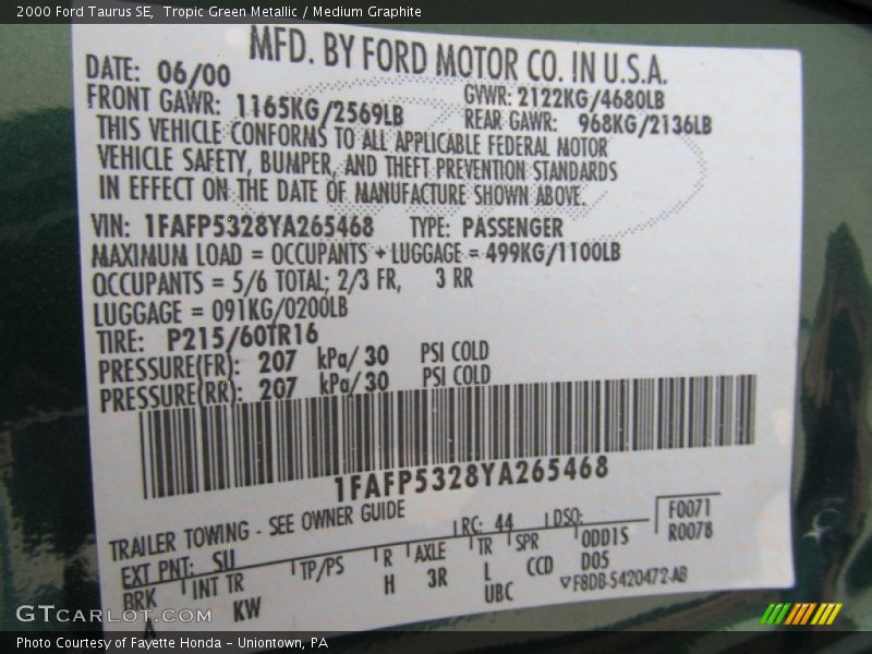 2000 Taurus SE Tropic Green Metallic Color Code SU