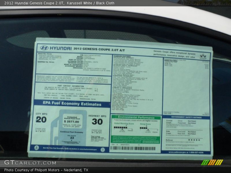  2012 Genesis Coupe 2.0T Window Sticker