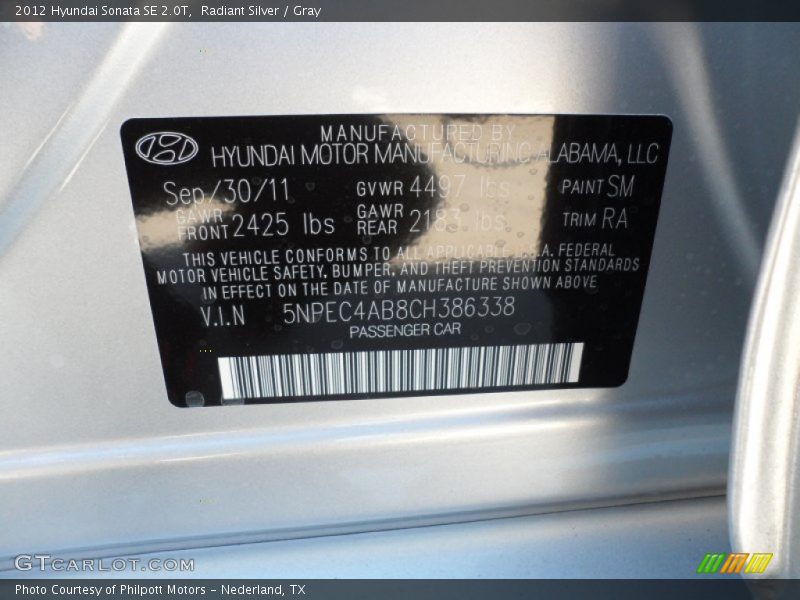 Radiant Silver / Gray 2012 Hyundai Sonata SE 2.0T