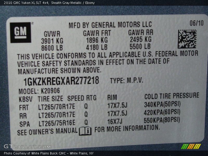 Info Tag of 2010 Yukon XL SLT 4x4