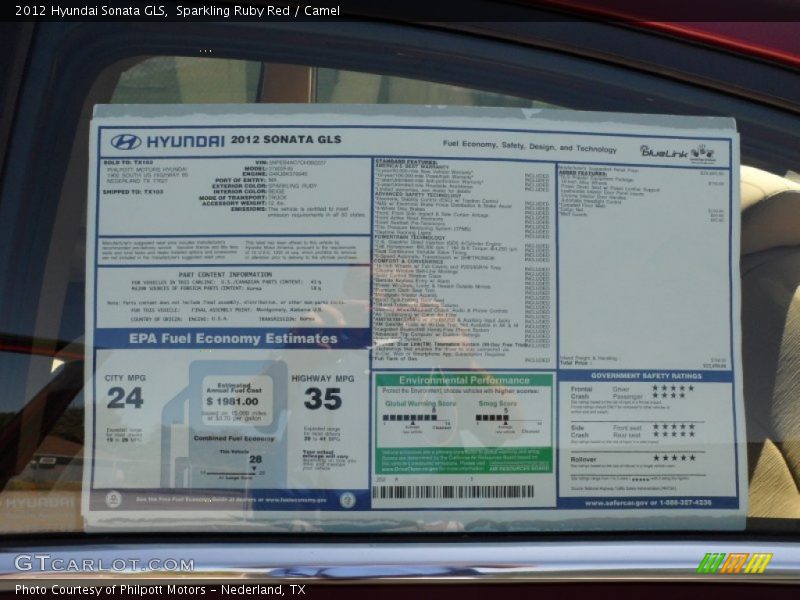  2012 Sonata GLS Window Sticker