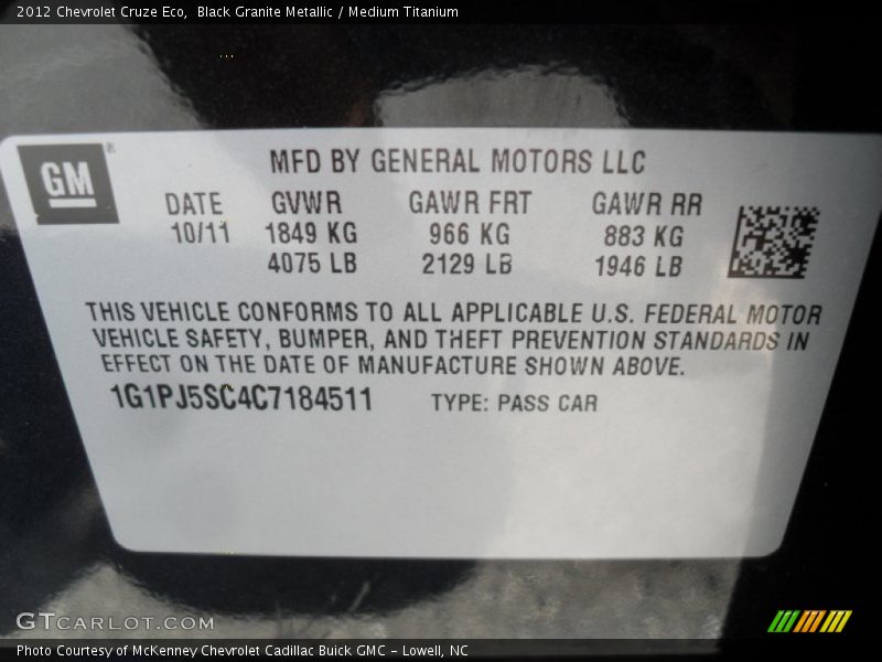 Black Granite Metallic / Medium Titanium 2012 Chevrolet Cruze Eco