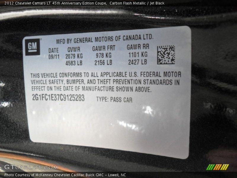 Carbon Flash Metallic / Jet Black 2012 Chevrolet Camaro LT 45th Anniversary Edition Coupe