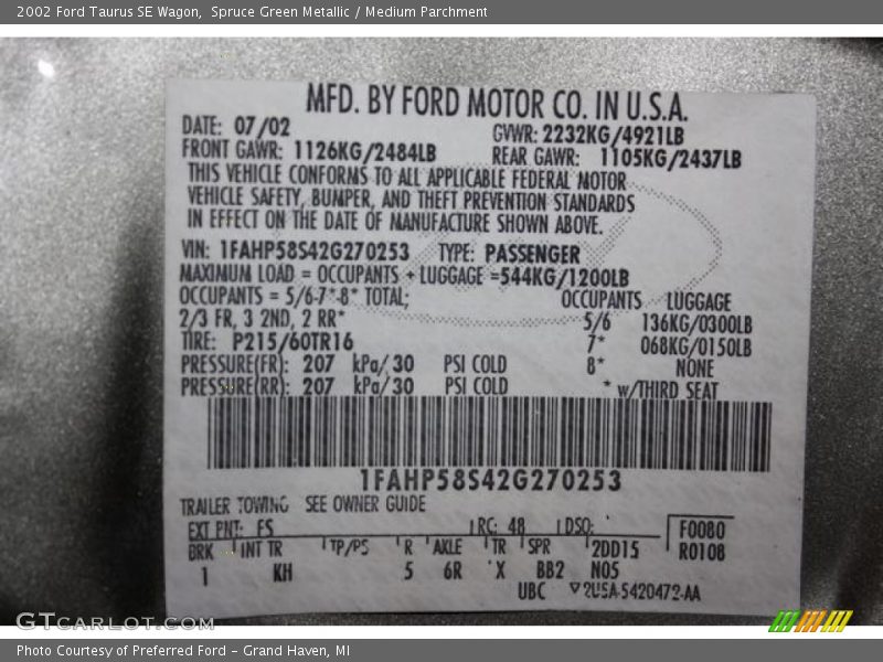 2002 Taurus SE Wagon Spruce Green Metallic Color Code FS