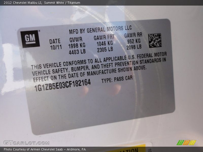 Summit White / Titanium 2012 Chevrolet Malibu LS