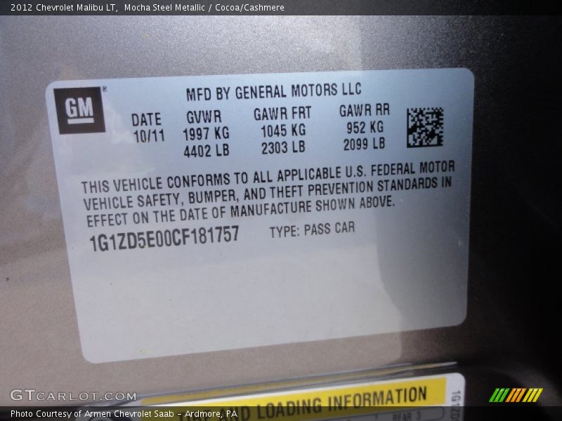 Mocha Steel Metallic / Cocoa/Cashmere 2012 Chevrolet Malibu LT