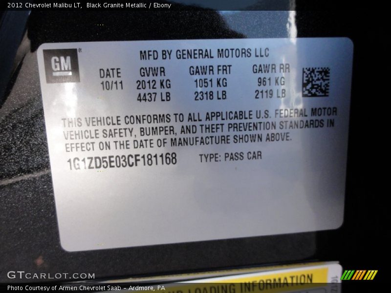 Black Granite Metallic / Ebony 2012 Chevrolet Malibu LT