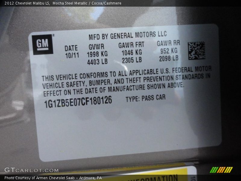 Mocha Steel Metallic / Cocoa/Cashmere 2012 Chevrolet Malibu LS