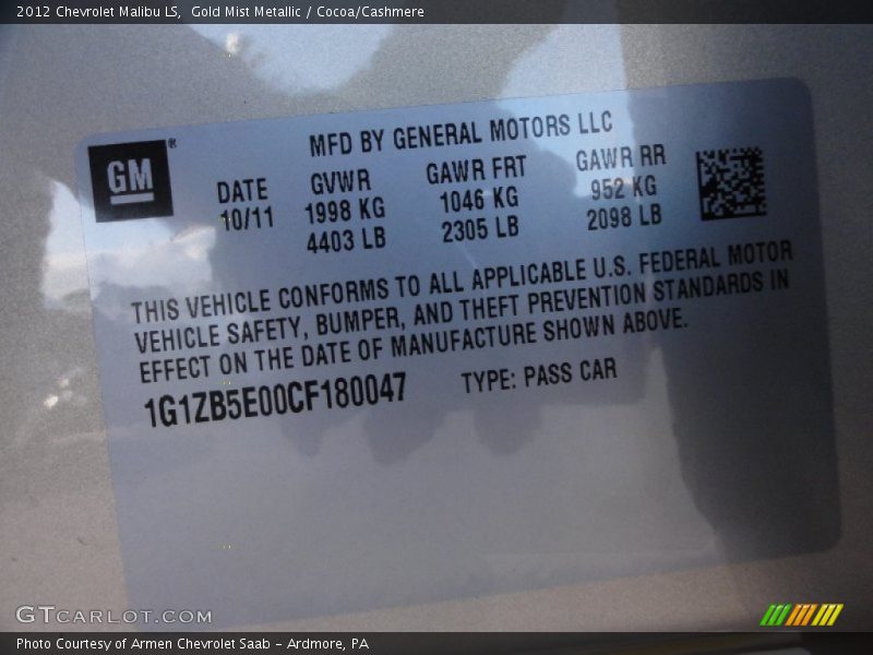 Gold Mist Metallic / Cocoa/Cashmere 2012 Chevrolet Malibu LS