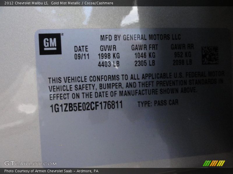 Gold Mist Metallic / Cocoa/Cashmere 2012 Chevrolet Malibu LS