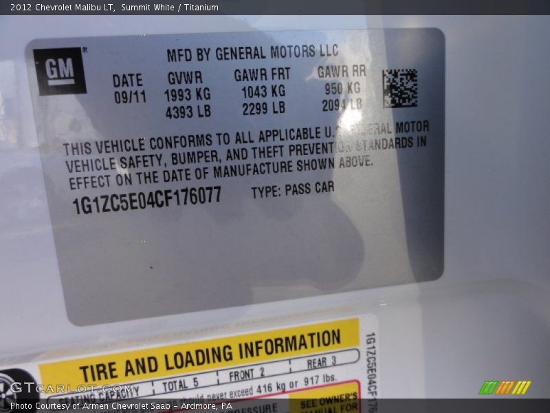 Summit White / Titanium 2012 Chevrolet Malibu LT