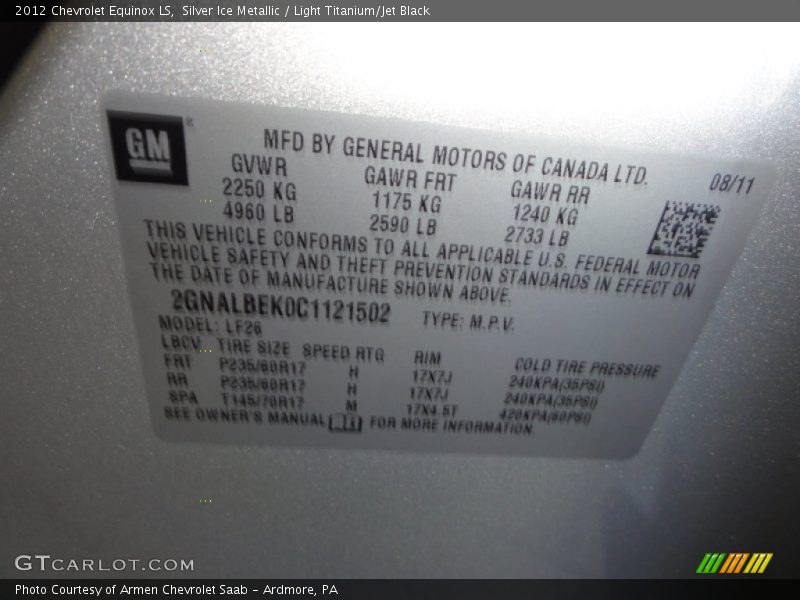 Silver Ice Metallic / Light Titanium/Jet Black 2012 Chevrolet Equinox LS