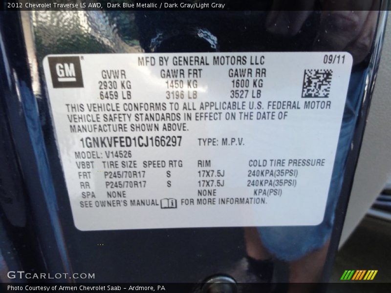 Dark Blue Metallic / Dark Gray/Light Gray 2012 Chevrolet Traverse LS AWD