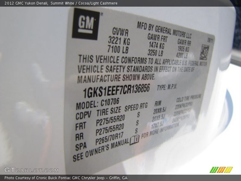 Summit White / Cocoa/Light Cashmere 2012 GMC Yukon Denali