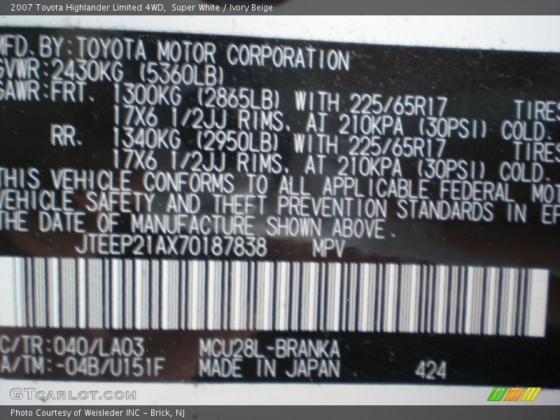 Super White / Ivory Beige 2007 Toyota Highlander Limited 4WD