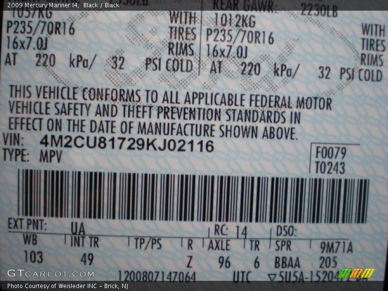 Black / Black 2009 Mercury Mariner I4