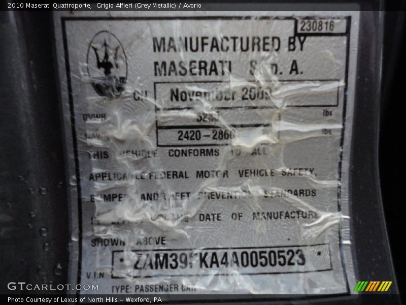 Info Tag of 2010 Quattroporte 