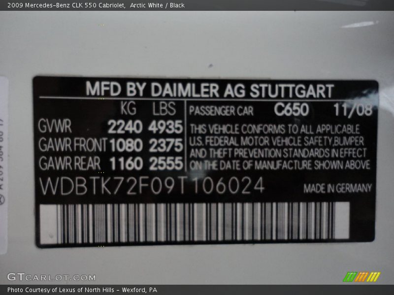 2009 CLK 550 Cabriolet Arctic White Color Code 650