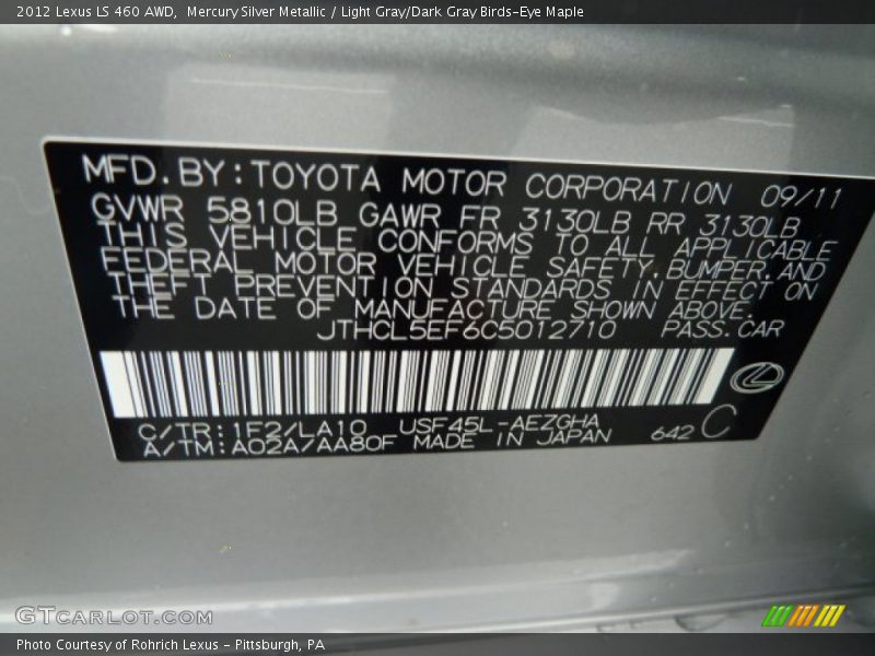 2012 LS 460 AWD Mercury Silver Metallic Color Code 1F2