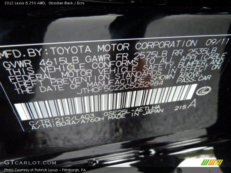 2012 IS 250 AWD Obsidian Black Color Code 212