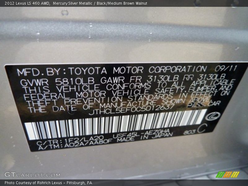 2012 LS 460 AWD Mercury Silver Metallic Color Code 1F2