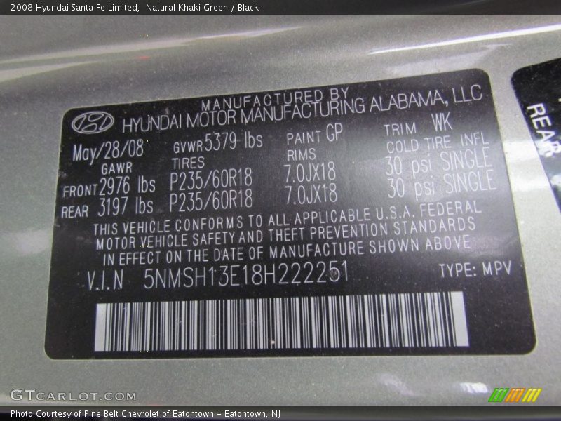 Natural Khaki Green / Black 2008 Hyundai Santa Fe Limited